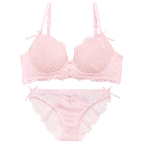 【かとゆり着用】【EFサイズ】スウィートレースボタン育乳脇高ブラジャー&バック透けフルバックショーツ［大人気］(ピンク-E70/ショーツM)