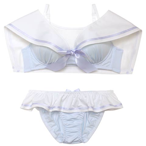 【ノンワイヤー】パステルセーラーカラーブラジャー&フルバックショーツ［大人気］(サックス-S)