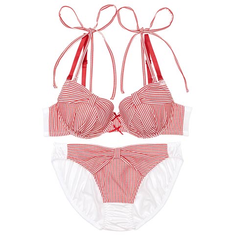 ストライプリボンチャーミングブラジャー&フルバックショーツ［大人気］(レッド-A70/ショーツM)