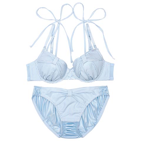 ストライプリボンチャーミングブラジャー&フルバックショーツ［大人気］(サックス-A70/ショーツM)