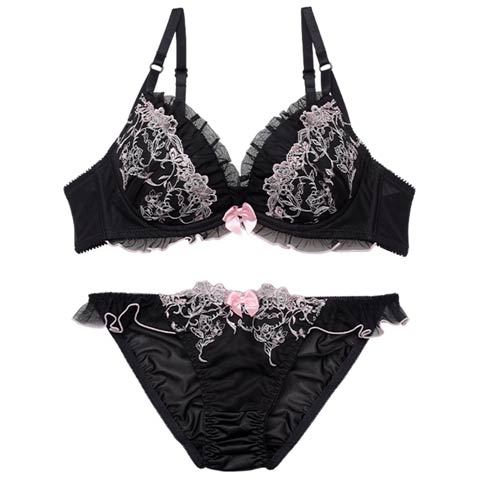 シャイニーチュールローズブラジャー&フルバックショーツ［大人気］［12H限定2］(ブラック-B65/ショーツM)