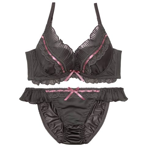 11/8再販!ラブリープリーツフリル育乳脇高ブラジャー&フルバックショーツ［大人気］(チャコール-A70/ショーツM)
