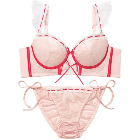 12/5新作!スウィートリボンビスチェ育乳脇高ブラジャー&サイド紐フルバックショーツ［大人気］(ピンク-A70/ショーツM)