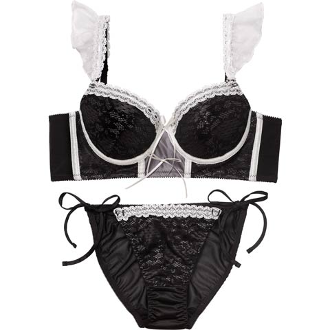 12/5新作!スウィートリボンビスチェ育乳脇高ブラジャー&サイド紐フルバックショーツ［大人気］(ブラック-A70/ショーツM)