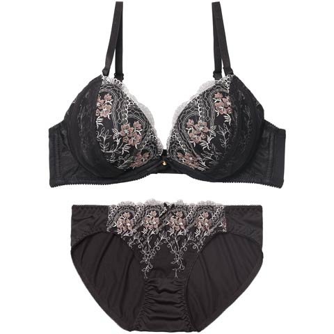 11/24新作!【EFサイズ】エレガントチュールブーケブラジャー&フルバックショーツ［大人気］(ブラック-E65/ショーツM)