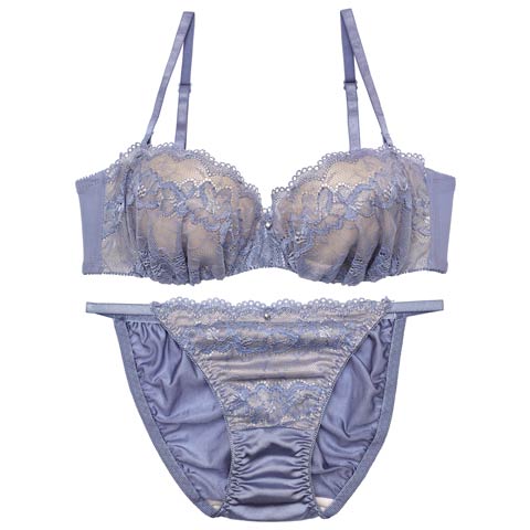 9/29新作!【EFサイズ】ヌーディノーブルレースブラジャー&フルバックショーツ［大人気］(ブルー-E65/ショーツM)