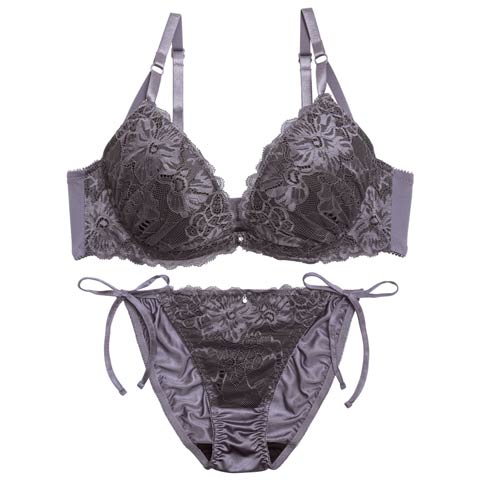 12/19新作!【三上悠亜着用】ロマンスフラワーレースブラジャー&サイド紐フルバックショーツ［激売れ］(チャコール-A70/ショーツM)