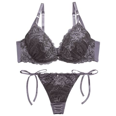 12/19新作!【三上悠亜着用】ロマンスフラワーレースブラジャー&サイド紐Tバックショーツ［激売れ］(チャコール-A70/ショーツM)