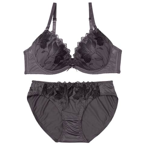 2/20新作!【EFサイズ】グレースフローラルブラジャー&フルバックショーツ［大人気］(チャコール-E65/ショーツM)