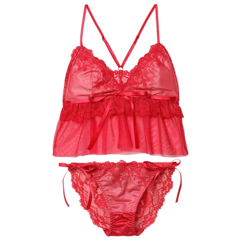 2/4新作!【ノンワイヤー】フェアリーフルールレーシィブラジャー&サイド紐バック透けフルバックショーツ［大人気］(レッド-S)