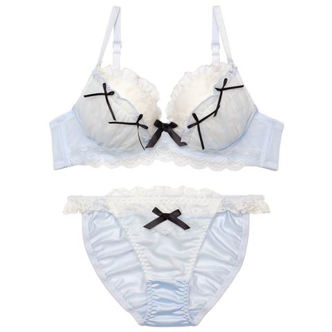 2/27新作!ドーリーリボンフリルブラジャー&フルバックショーツ［大人気］(サックス-A70/ショーツM)