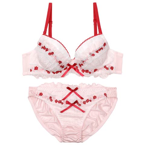 スウィートリボンフルーレットブラジャー&フルバックショーツ［大人気］(ピンク-B65/ショーツM)