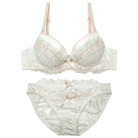 【EFサイズ】スウィートリボンフルーレットブラジャー&フルバックショーツ［大人気］［週末セール］(ミント-E65/ショーツM)