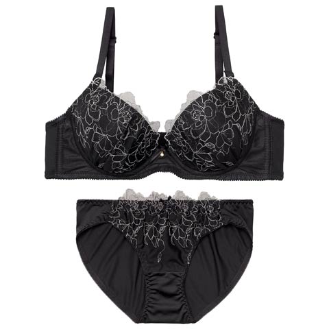 3/4新作!ルミナスフラワーレースブラジャー&フルバックショーツ［激売れ］(ブラック-B65/ショーツM)