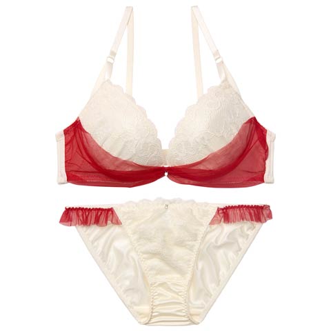 1/12新作!【かとゆり着用】ドレープリボンチュールブラジャー&フルバックショーツ［激売れ］(レッド-A70/ショーツM)