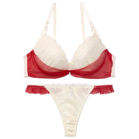 1/12新作!【かとゆり着用】【EFサイズ】ドレープリボンチュールブラジャー&Tバックショーツ［大人気］(レッド-E65/ショーツM)