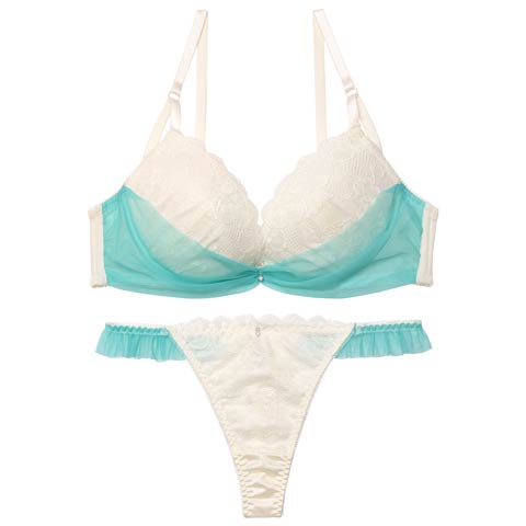 1/12新作!【かとゆり着用】【EFサイズ】ドレープリボンチュールブラジャー&Tバックショーツ［大人気］(エメラルドグリーン-E65/ショーツM)
