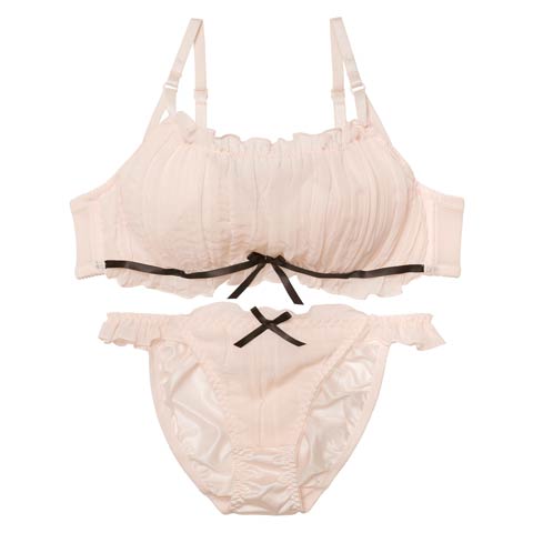 11/14新作!フラッフィーシフォンフリルブラジャー&フルバックショーツ［大人気］(ピンク-B65/ショーツM)