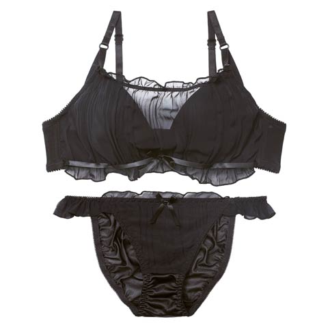 11/14新作!フラッフィーシフォンフリルブラジャー&フルバックショーツ［大人気］(ブラック-B65/ショーツM)