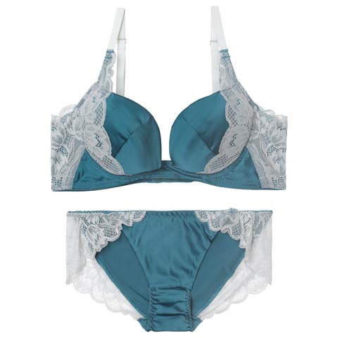 4/24新作!クラッシーサテンレース育乳脇高ブラジャー&フルバックショーツ［激売れ］(グリーン-B65/ショーツM)