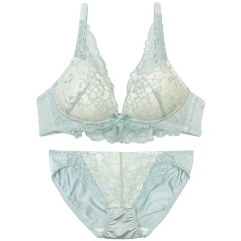 【ノンワイヤー】ダーリングレディフリルブラジャー&フルバックショーツ［激売れ］(グリーン-M)