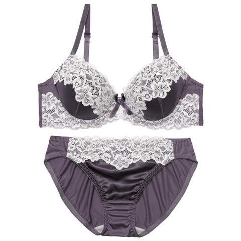 10/6新作!シルキーサテンレースブラジャー&フルバックショーツ［激売れ］(パープル-A65/ショーツM)