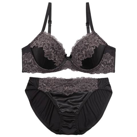 10/6新作!シルキーサテンレースブラジャー&フルバックショーツ［激売れ］(ブラック-A65/ショーツM)