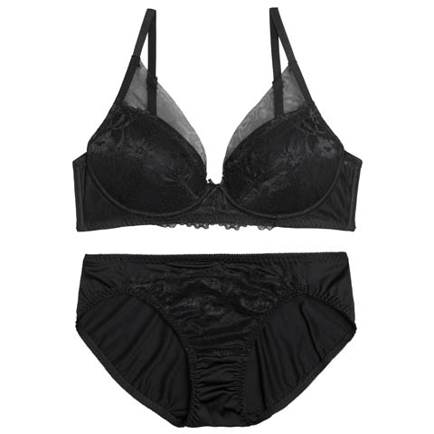 10/8新作!【ノンワイヤー】ラグジュアリーシアーチュールブラジャー&フルバックショーツ［激売れ］(ブラック-S)