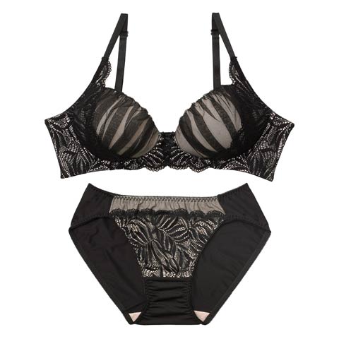 10/3新作!【ノンワイヤー】グレイスチュールレース育乳脇高ブラジャー&フルバックショーツ［激売れ］(ブラック-S)