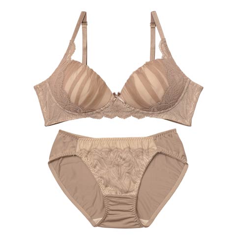 10/3新作!【ノンワイヤー】グレイスチュールレース育乳脇高ブラジャー&フルバックショーツ［激売れ］(グレージュ-S)