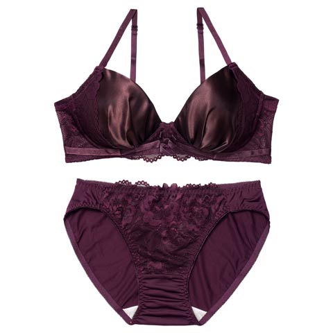 12/8新作!【ノンワイヤー】トワイライトサテンレースブラジャー&フルバックショーツ［激売れ］(パープル-S)
