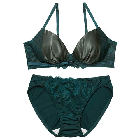 12/8新作!【ノンワイヤー】トワイライトサテンレースブラジャー&フルバックショーツ［激売れ］(グリーン-S)