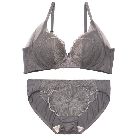 4/3新作!【ノンワイヤー】カームフラワーレースブラジャー&フルバックショーツ［激売れ］(グレー-S)