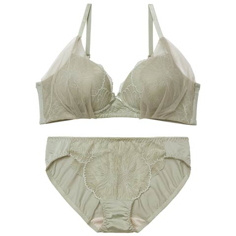 4/3新作!【ノンワイヤー】カームフラワーレースブラジャー&フルバックショーツ［激売れ］(グリーン-S)