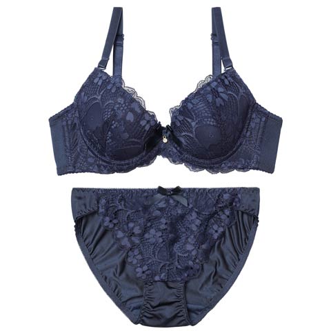 2/2新作!クラシックフラワーレースブラジャー&フルバックショーツ［激売れ］(ネイビー-A70/ショーツM)