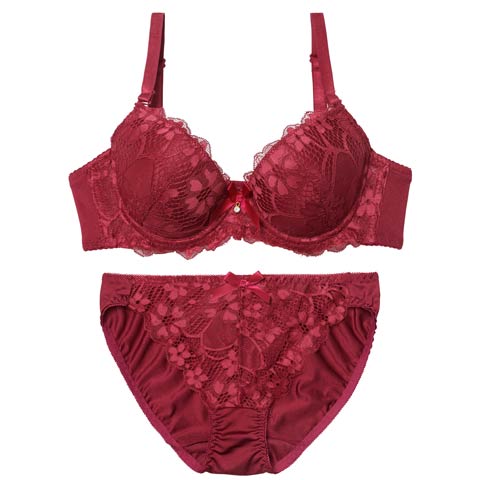 2/2新作!クラシックフラワーレースブラジャー&フルバックショーツ［激売れ］(ワインレッド-A70/ショーツM)