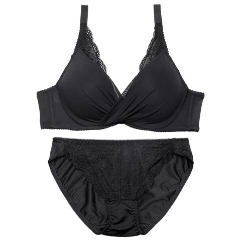 4/6新作!【ノンワイヤー】レーシィカシュクールシフォンブラジャー&フルバックショーツ［激売れ］(ブラック-M)