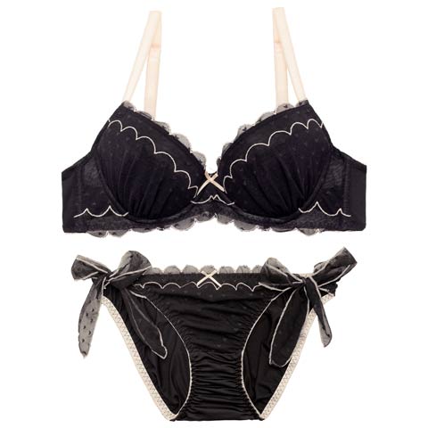 4/24再販!スカラップキューティーハートブラジャー&サイド紐フルバックショーツ［大人気］(ブラック-B65/ショーツM)