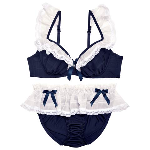 10/9再販!ラブリーフリルメイドブラジャー&フルバックショーツ［大人気］(ネイビー-B65/ショーツM)