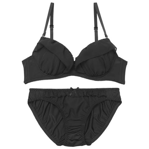 ナチュラルガーリーフリルブラジャー&フルバックショーツ［激売れ］(ブラック-B65/ショーツM)