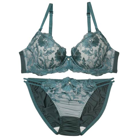 9/9再販!ディープフラワーグレイスブラジャー&フルバックショーツ［激売れ］［週末セール］(グリーン-B65/ショーツM)