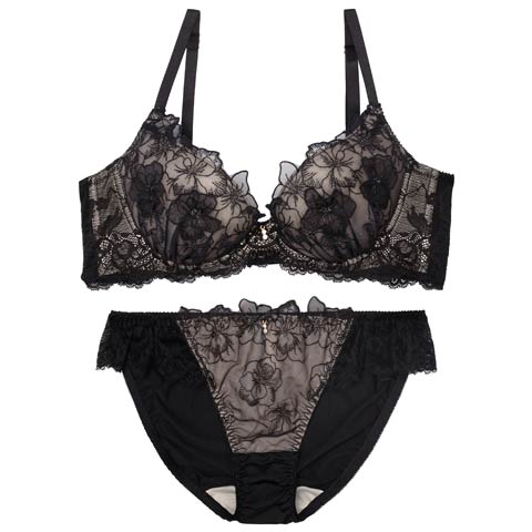 ブルーミングスリットレーシィ育乳脇高ブラジャー&フルバックショーツ［大人気］(ブラック-B65/ショーツM)