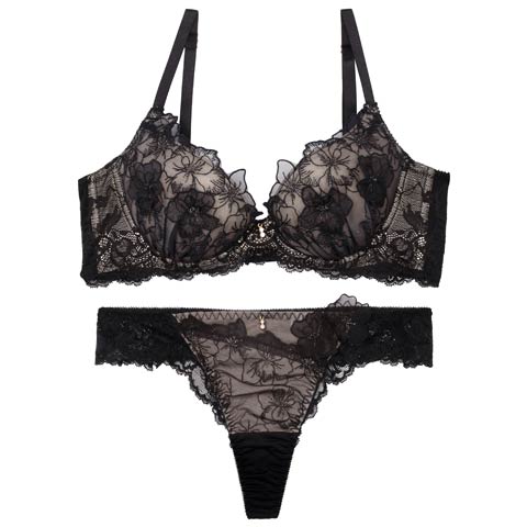 ブルーミングスリットレーシィ育乳脇高ブラジャー&Tバックバック透けショーツ［大人気］(ブラック-B65/ショーツM)