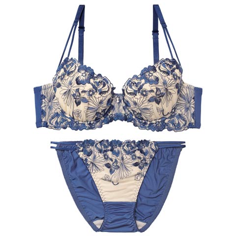 12/17新作!ラグジュアリーレーシィブロッサムブラジャー＆フルバックショーツ［大人気］(ブルー-B65/ショーツM)