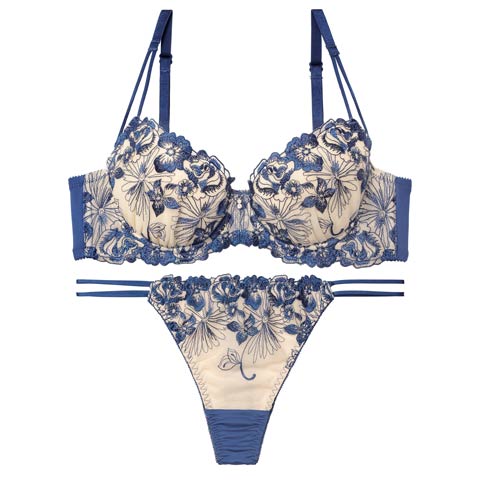 12/17新作!ラグジュアリーレーシィブロッサムブラジャー＆Tバックショーツ［大人気］(ブルー-B65/ショーツM)