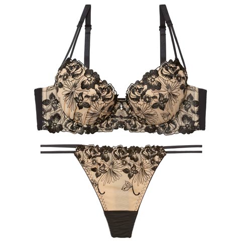 12/17新作!ラグジュアリーレーシィブロッサムブラジャー＆Tバックショーツ［大人気］(ブラック-B65/ショーツM)