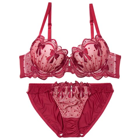 4/1新作!ドットリボンチェーンブラジャー&フルバックショーツ［大人気］(レッド-B65/ショーツM)