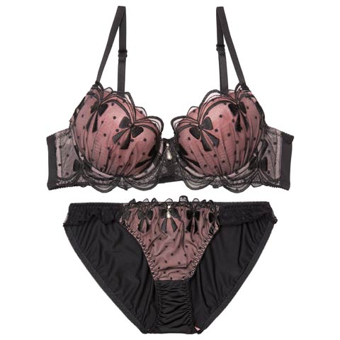 4/1新作!ドットリボンチェーンブラジャー&フルバックショーツ［大人気］(ブラック-B65/ショーツM)