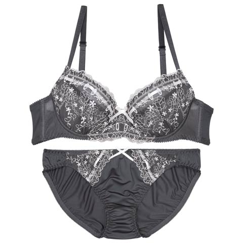 9/9再販!ガーリーリボンブルームブラジャー&フルバックショーツ［激売れ］(チャコール-B65/ショーツM)