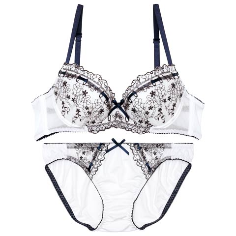 9/9再販!ガーリーリボンブルームブラジャー&フルバックショーツ［激売れ］(オフホワイト-B65/ショーツM)
